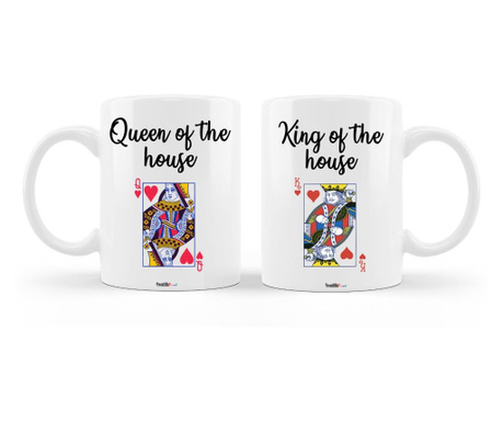 Set doua cani personalizate pentru cuplu, model carti de joc cu mesajele "queen of the house", "king of the house", ceramica alb