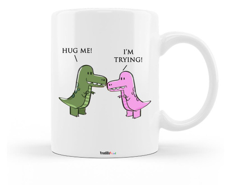 Cana personalizata cu imagine dinozauri si mesajul "hug me - i'm trying", ceramica alba, 330 ml