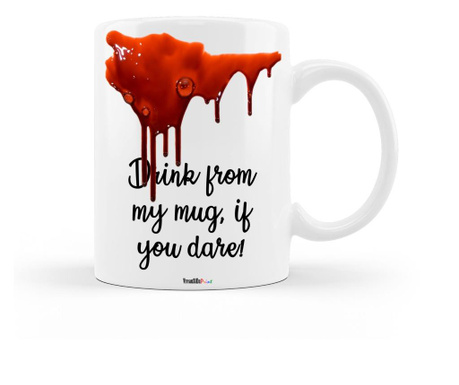Cana personalizata pentru halloween, cu mesajul "drink from my mug, if you dare", ceramica alba, 330 ml