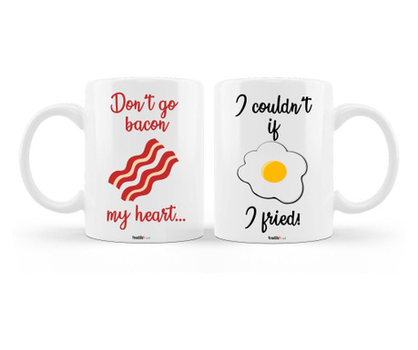 Set doua cani personalizate pentru cuplu cu mesajele "don't go bacon my heart" si "i couldn't if i fried", ceramica alba, 330 ml