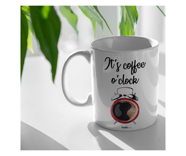 Cana personalizata cu mesajul "it's coffee o'clock", ceramica alba, 330 ml