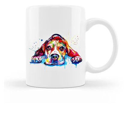 Cana personalizata cu imagine caine beagle colorat, ceramica alba, 330 ml