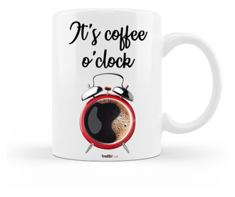 Cana personalizata cu mesajul "it's coffee o'clock", ceramica alba, 330 ml