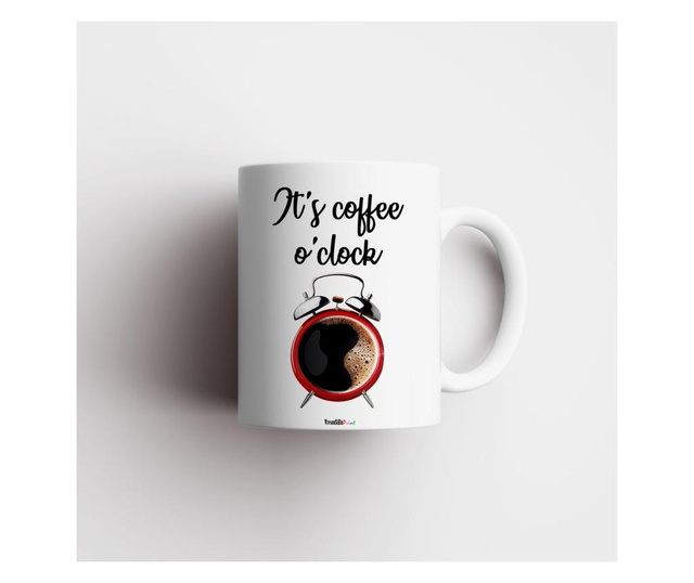 Cana personalizata cu mesajul "it's coffee o'clock", ceramica alba, 330 ml
