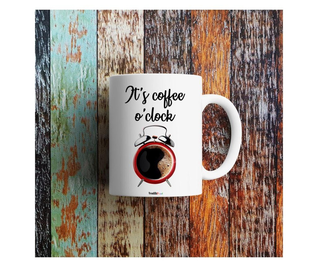 Cana personalizata cu mesajul "it's coffee o'clock", ceramica alba, 330 ml