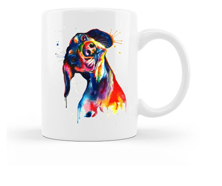 Cana personalizata cu imagine caine dachshund colorat, ceramica alba, 330 ml