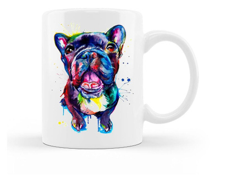 Cana personalizata cu imagine caine bulldog colorat, ceramica alba, 330 ml