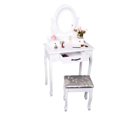 Bela lesena toaletna mizica z belim srebrnim taburejem Linet 72x40x136 cm