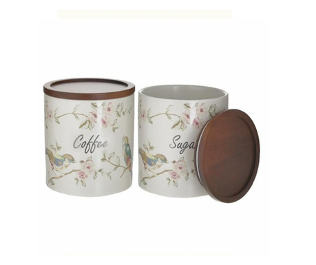 Set 2 recipiente portelan, cafea/zahar, model floral, 11x13 cm