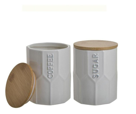 Set 2 recipiente portelan, capac lemn, cafea/zahar, 11x15 cm