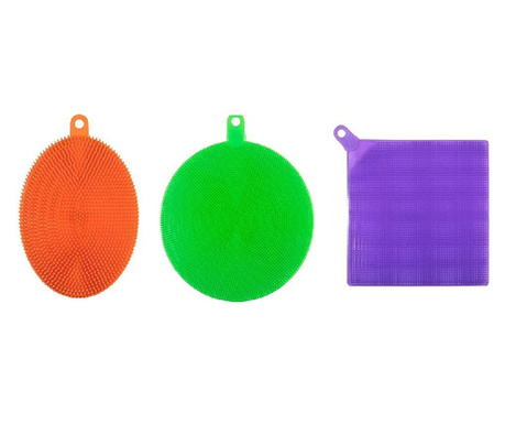 Set 3 bureti de vase multifunctional Rainbow Sponge, silicon rezistent,nu aluneca, nu este abraziv, forme diferite, mov/verde/po