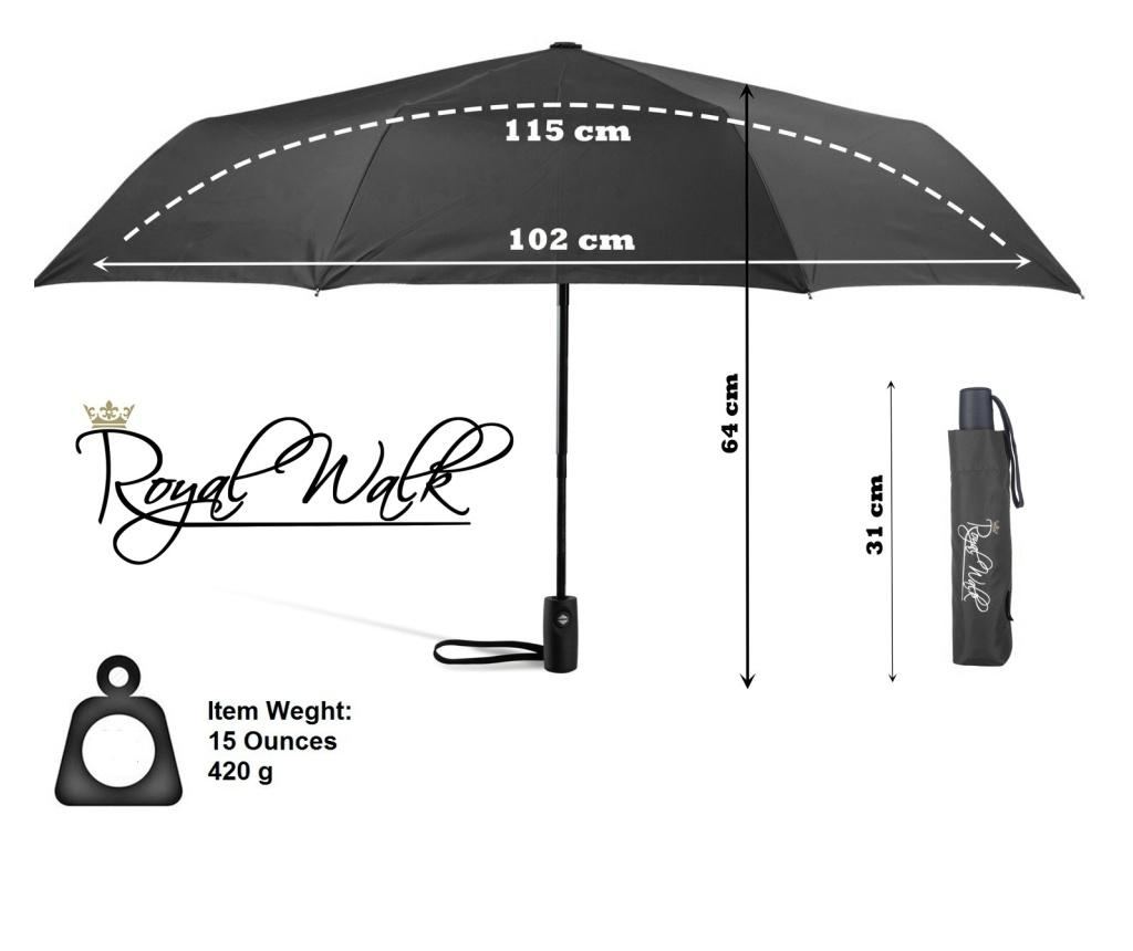 Umbrelă pliabilă de lux pentru bărbați Royal Walk, rezistentă la vânt, deschidere și închidere automată, 102 cm, neagră - 2