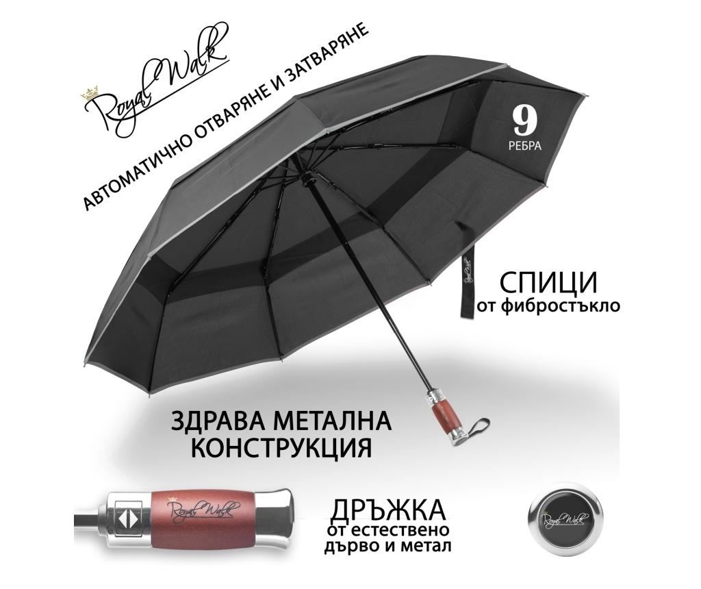 Луксозен Мъжки Сгъваем Чадър royal walk, Ветроустойчив, Автоматичен Отваряне и Затваряне, Светлоотразителна лента, 103 см, Черен - 6