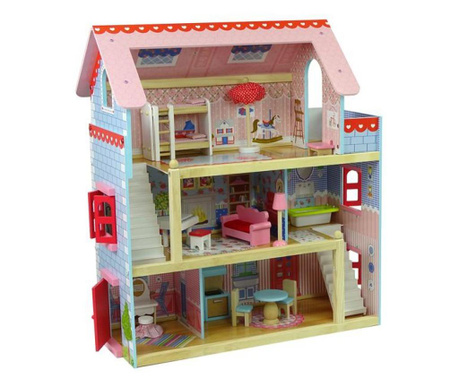 Дървена къща за кукли на два етажа балкон и мебели, LeanToys, 9478