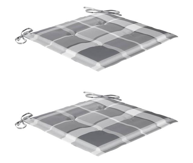 Градински столове, сиви карирани възглавници, 2 бр., Масивно тиково дърво