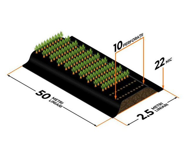 Csomag Perforált mulcsozó fólia 22 mikrofon 10p/25cm (2,5x50m) csepegtető szalaggal és csatlakozókkal - 125 nm-hez