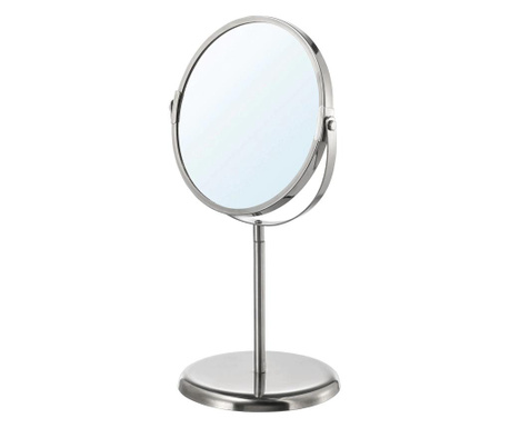 Oglinda de make-up, rotunda, cu picior, latura cu lupa, rama inox, 33 cm