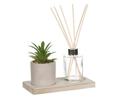 Set decorativ format din ghiveci planta artificiala si suport pentru betisoare parfumate, Gri