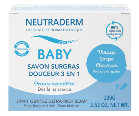 Sampon solid 3in1 zero waste, Neutraderm Baby, ultra rich pentru par, fata si corp, 100g