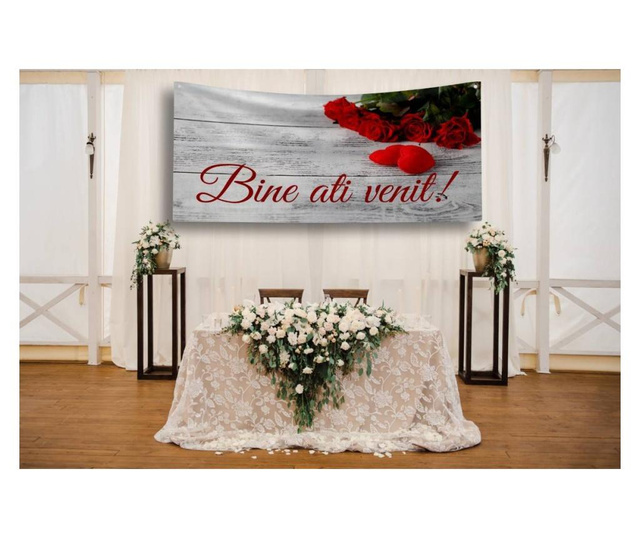 Pancarta "Bine ati venit" model cu trandafiri si inimi rosii, 100x200 cm