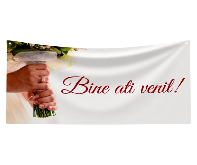 Pancarta "Bine ati venit" model pentru nunta cu buchet si rochie, 100x200 cm