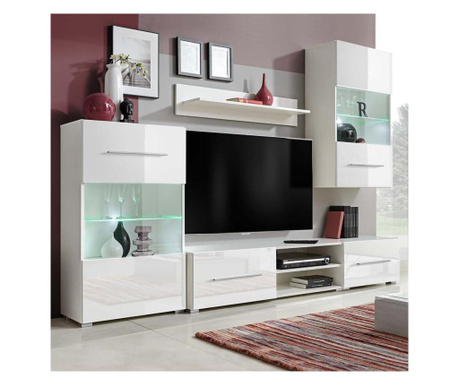 Set mobilier comodă TV de perete, 5 piese, iluminare LED, alb
