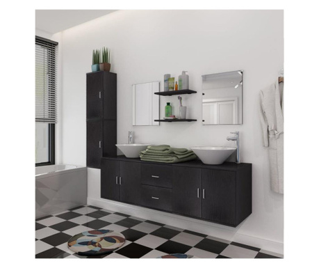 Комплект мебели за баня от 11 части с включени мивки и смесители, Черен