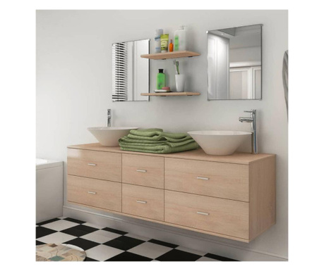 Комплект мебели за баня от 9 части с включени мивки и смесители, Бежов