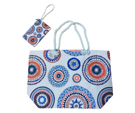 Set geanta de plaja si portofel, motive Mandala, fermoar metalic, poliester, alb/multicolor, 55 x 37 x 15 cm