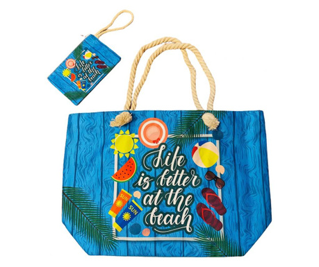 Set geanta de plaja si portofel, imprimeu Life is better at the beach fermoar metalic, poliester, albastru/multicolor, 55 x 37 x