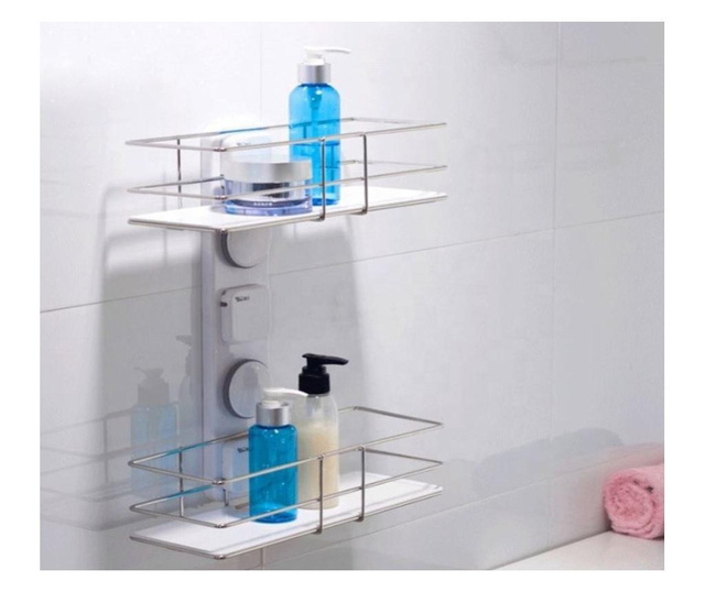 Etajera dubla pentru baie, pentru organizare si depozitare, din ABS sistem prindere de perete, 38.5x30 cm, buz
