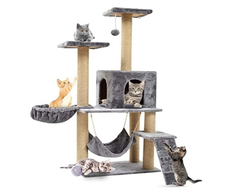 Ansamblu de joaca pentru pisici, cu loc pentru zgariat, ascuns, hamac, minge, 160 cm, gri, buz