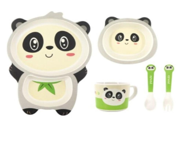 Set de masa din fibra de bambus, pentru copii, farfurie 2 compartimente, bol, cana, furculita si lingurita, Panda GIGI, buz