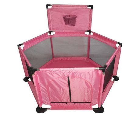 Tarc pentru copii hexagonal, pentru interior/exterior, cu cos de basket, pereti pentru siguranta, roz, 125x112x65 cm, buz