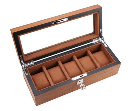 Дървена кутия за съхранение и организация 5 часовника, модел Pufo Elite Edition с ключ, кафява