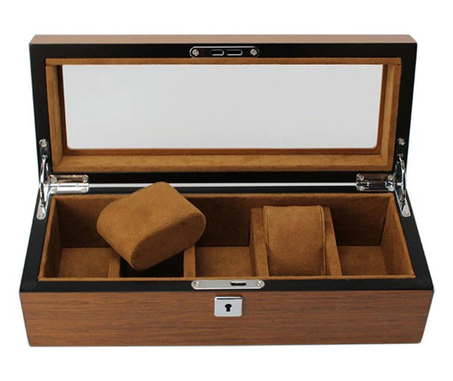 Дървена кутия за съхранение и организация 5 часовника, модел Pufo Elite Edition с ключ, кафяв
