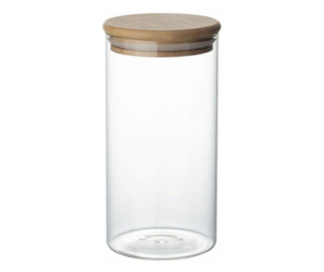 Recipient din sticla borosilicata Pufo flavour pentru zahar, cafea, ceai sau condimente, cu capac ermetic din bambus, 750 ml