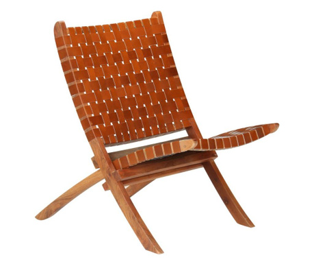 Плетен сгъваем стол, кафяв, естествена кожа
