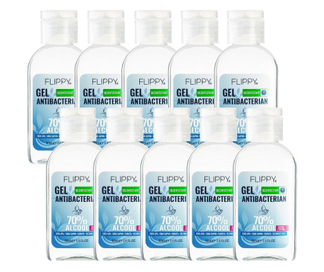 Set 10 x gel dezinfectant pentru maini cu 70 % alcool flippy cu efect antibacterian si virucid, 60 ml