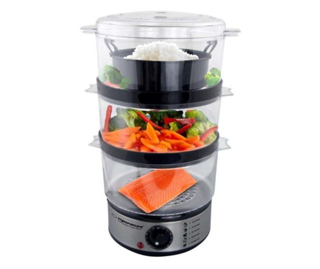 Aragaz cu aburi Esperanza EKG009 Vulcan, Timer, 400W, 7.5 litri, 3 nivele, Inox/Negru