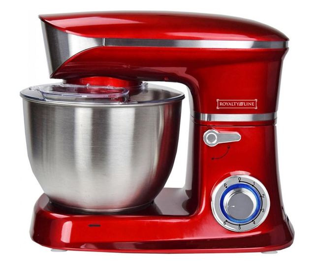 Планетарен миксер с иноксова купа Royalty Line RL-PKM1900.7, 1900W, 6.5 литра, 6 скорости + Pulse, Приставки, Червен