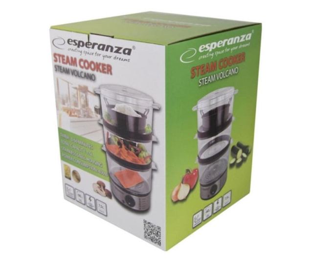 Aragaz cu aburi Esperanza EKG009 Vulcan, Timer, 400W, 7.5 litri, 3 nivele, Inox/Negru