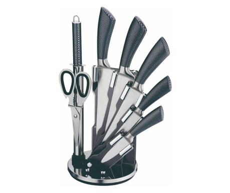Set de cuțite cu ascuțitor și foarfece Voltz V51633C7, 8 bucăți, Suport pivotant, Gri