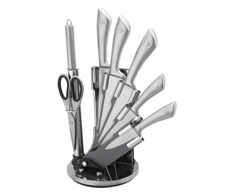 Комплект ножове с точило и ножица Royalty Line RL-KSS600, 8 части, Поставка, Неръждаема стомана