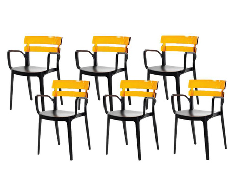 Set 6 scaune restaurant RAKI BELEM BISTRO 54,5x51xh81,6cm, polipropilena cu fibra de sticla, negru cu spatar culoare mustar