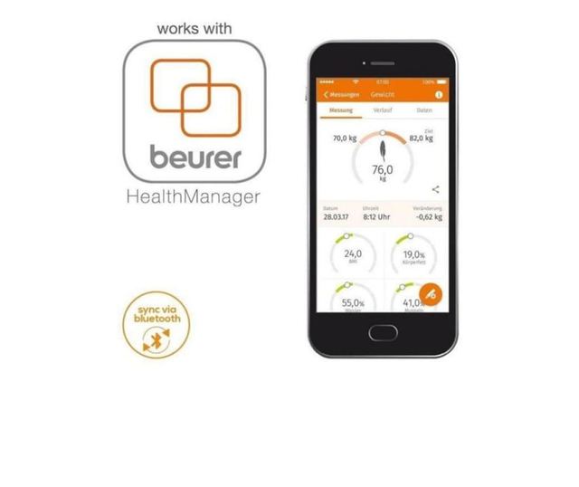 Смарт кантар Beurer BF850, 180 кг, Измерване 8 фактора, kg/lb, Quick Start, LED дисплей, Закалено стъкло, Черен