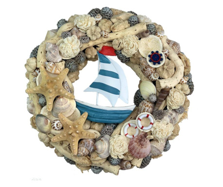 Coronita decorativa cu tematica marina, alb, crem, bleu, 30 cm