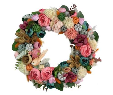 Coronita decorativa cu flori artificiale si pasare, realizata manual, multicolora, 37 cm