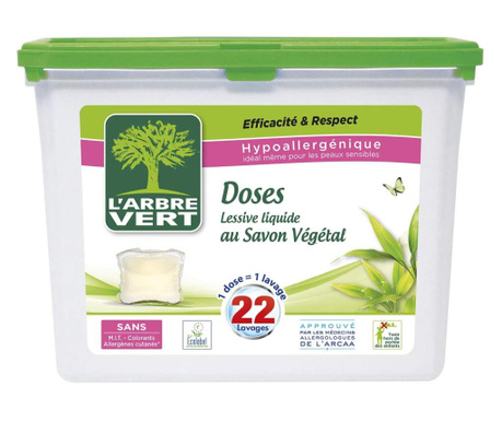 Detergent capsule Ecolabel L'Arbre Vert, cu sapun vegetal, 22 spalari