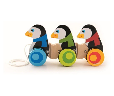 3 Pinguini Din Lemn Cu Roti Si Snur